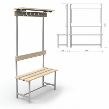 Скамья с вешалкой, спинкой и полкой "СВТ 7", 1760х1000х395 мм, 6 крючков, дерево, металл