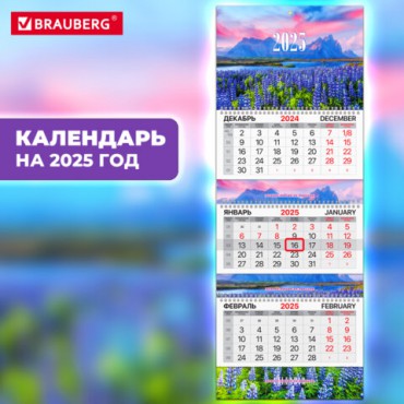 Календарь квартальный на 2025 г., 3 блока, 3 гребня, с бегунком, мелованная бумага, EXTRA, BRAUBERG, "Люпины", 116145